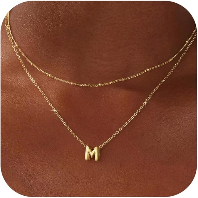 Thaivor Initial Necklaces for Women 14K Gold Plated Bubble Letter Necklace Layered Dainty Cute Choker Pendant Stack Jewelry Fashion Accessories Teen Trendy Gift