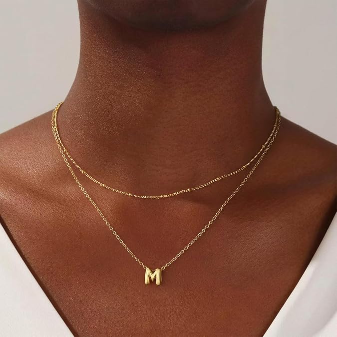 Thaivor Initial Necklaces for Women 14K Gold Plated Bubble Letter Necklace Layered Dainty Cute Choker Pendant Stack Jewelry Fashion Accessories Teen Trendy Gift