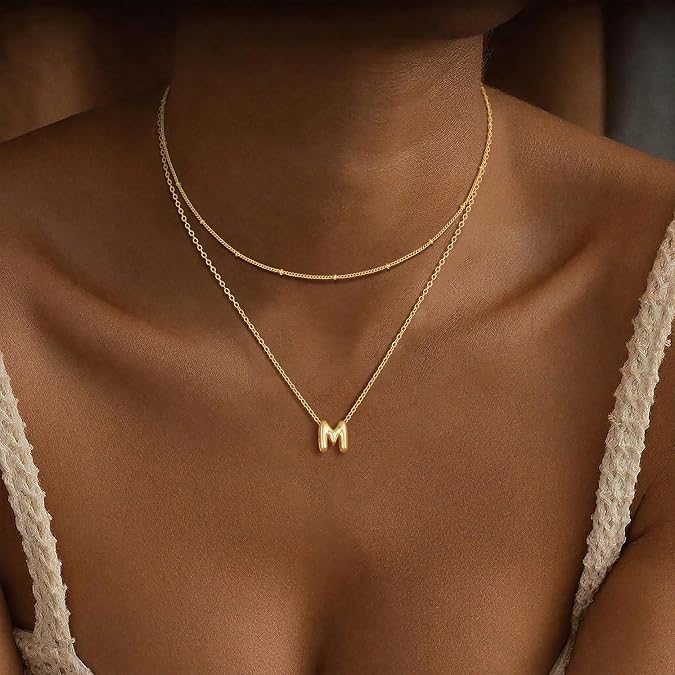 Thaivor Initial Necklaces for Women 14K Gold Plated Bubble Letter Necklace Layered Dainty Cute Choker Pendant Stack Jewelry Fashion Accessories Teen Trendy Gift