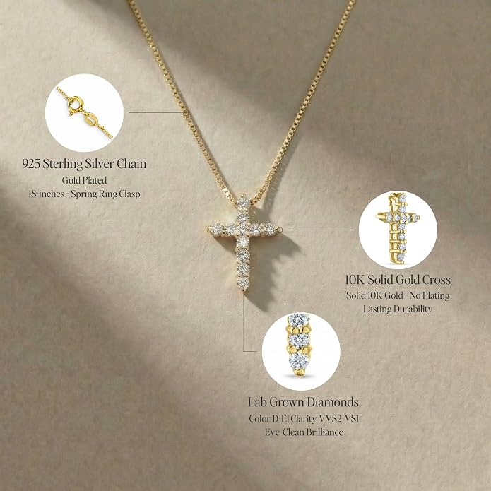 Lab Grown Diamond Cross Necklace in 10K Solid Gold (0.25–1 ct. tw.) with 18-inch Box Chain