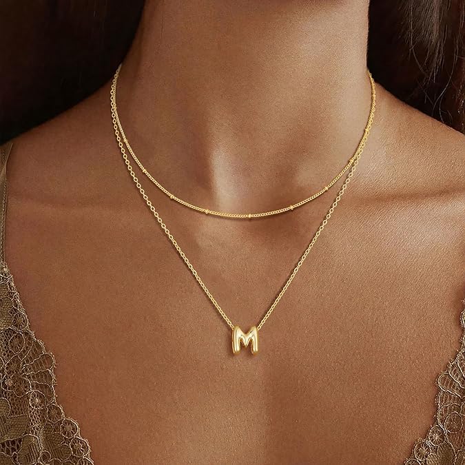 Thaivor Initial Necklaces for Women 14K Gold Plated Bubble Letter Necklace Layered Dainty Cute Choker Pendant Stack Jewelry Fashion Accessories Teen Trendy Gift